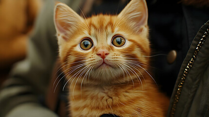 Adorable ginger kitten looking up with wide eyes, held close.
