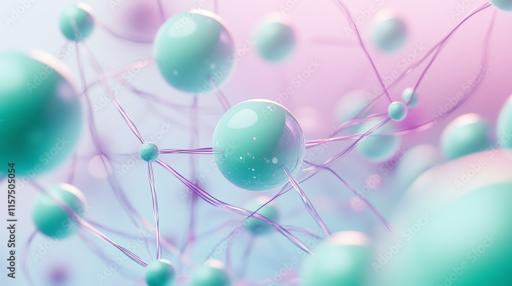 Poster dreamy sci-fi network of mint green nodes connected by soft lavender lines on a pastel gradient back