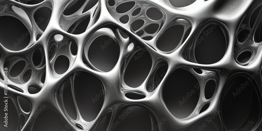 Poster futuristic mesh of glowing gray nodes with chrome highlights on a smoky black-to-white gradient back