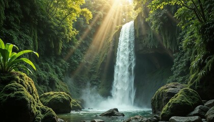 A waterfall cascading over mossy rocks in a dense rainforest national park, sunlight filtering through the canopy above, soft and tranquil lighting, refreshing and vibrant