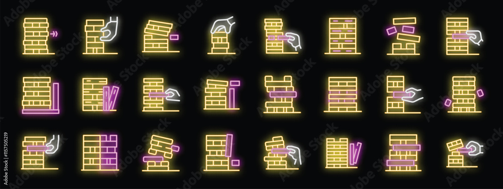 Poster glowing neon icons depict various stages of a block stacking game, with hands carefully building and
