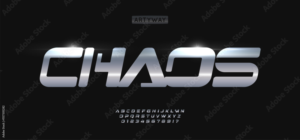 Poster bold futuristic font, sleek metallic design, sci-fi aesthetic with sharp lines, dynamic modern typog