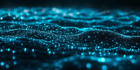 High-tech network of glowing cyan nodes and lines forming geometric patterns on a black background, with depth of field and crisp details for a futuristic digital connection.