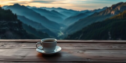 Majestic Mountain View at Sunrise with a Warm Coffee Mug Set on Wooden Table, Perfect for Relaxation and Comfort in Nature's Embrace