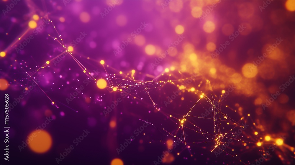 Poster minimalistic network of glowing yellow nodes forming abstract geometric shapes on a dark purple back
