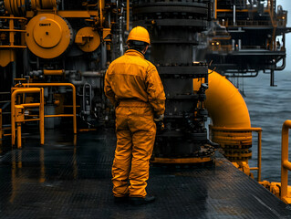 Industrial Worker in Yellow, Oil Rig Illustration