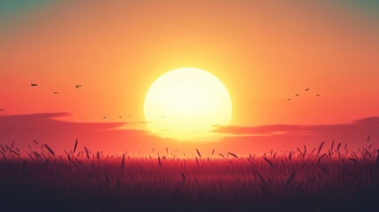 Obraz premium Sunset over Grassland, Birds in Flight, Serene Landscape