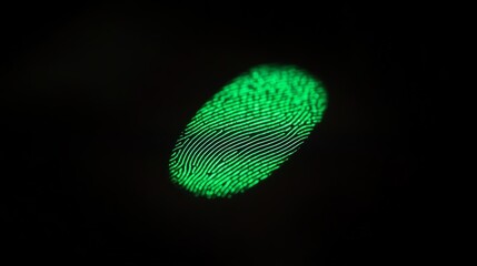 Illuminated green fingerprint on a dark background.