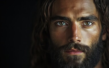 A cinematic, ultra-realistic portrait of Jesus, focusing on His expressive eyes and textured hair, set against a clean black background. 
