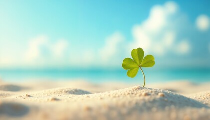 Four leaf clover growing on sandy beach with blue ocean background
