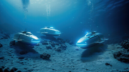 Fototapeta premium A futuristic underwater scene featuring robotic submarines scanning the ocean floor for artifacts