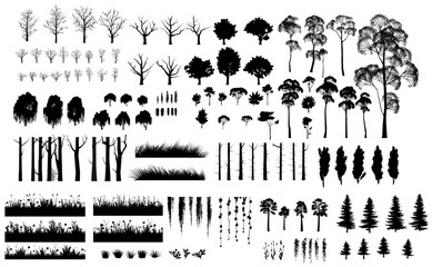 Large set of trees and shrubs. Image of black silhouette isolated on white background. Vector Forest landscape. View of summer nature. Beautiful trees.