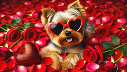 Obraz premium Yorkshire Terrier posing with heart sunglasses on a bed of petals