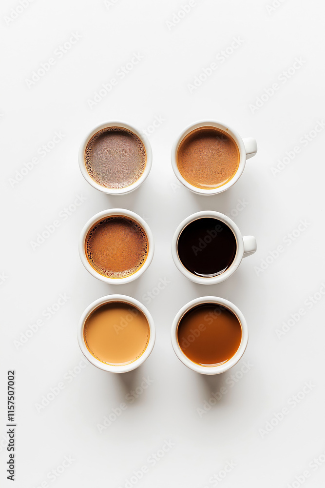 Poster minimalist shot of a vertical row of three small coffee cups, each filled with a different type of c