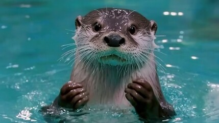 Obraz premium Playful River Otter with Water Droplets in Bright Aquatic Environment