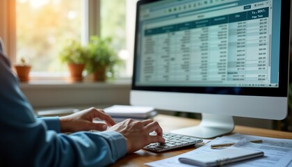 Person types on keyboard in front of computer screen displaying digital tax filing process. Indoor office setting. Person focusing on paperwork, tech. Person appears to handling financial documents.