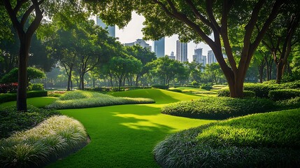 The summer sun shines on a park with a golf course, trees lining the path through a meadow of green grass under a blue sky with fluffy clouds