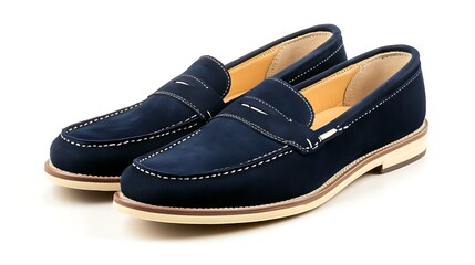 A pair of dark blue suede loafers sit on a white background.