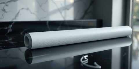 Rolled Fabric Sample on a Reflective Surface, Ideal for Interior Design and Home Decor Projects