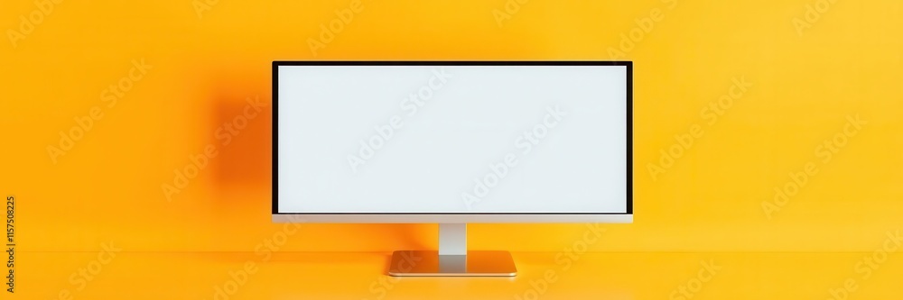 Poster minimalistic workspace with blank computer monitor on bright yellow background ideal for creative an