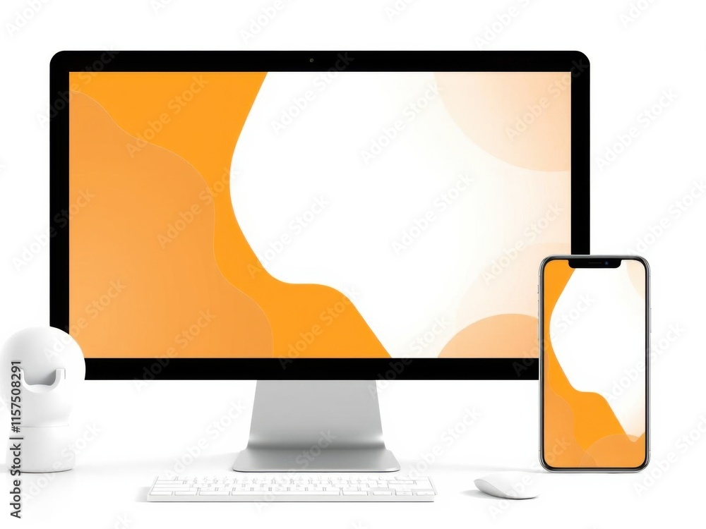 Fototapete modern workspace setup featuring a desktop monitor and smartphone displaying abstract orange backgro