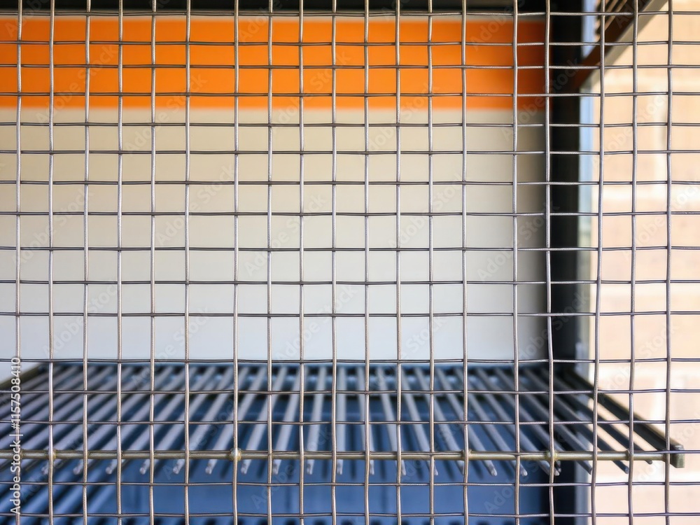 Poster close-up view of metal wire mesh grid showing industrial design features and a blurred background wi