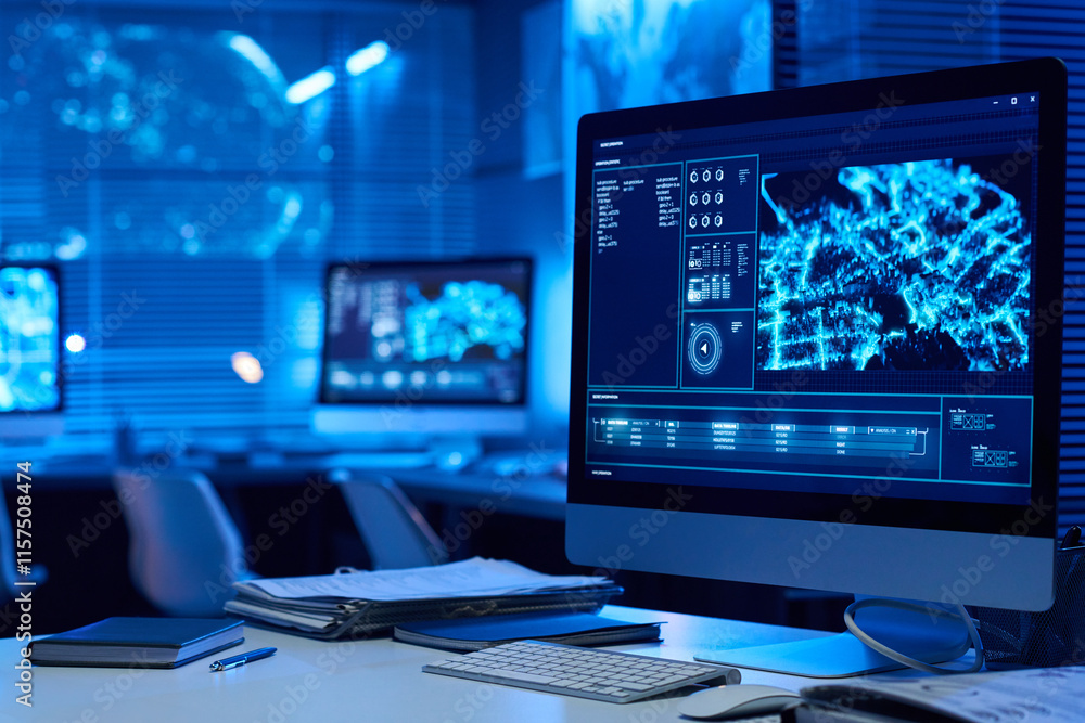 Poster computer monitor with camera broadcast on screen standing on workplace of military officer with supp