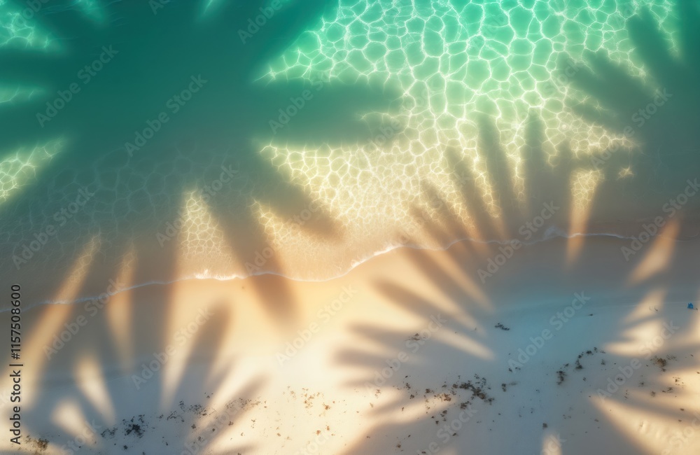 Aufkleber top view of tropical beach scene. palm leaf shadows on white sand, turquoise water. sunlight creates