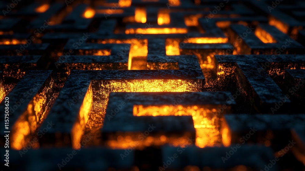 Poster illuminated maze pathway abstract setting 3d artwork dark environment close-up view creative concept