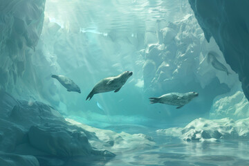 Obraz premium A serene underwater landscape beneath the ice with seals swimming gracefully in the frigid waters