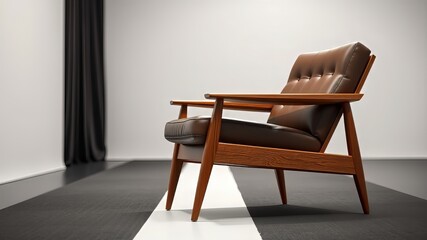 Sleek Mid-Century Modern Leather Chair, Wooden Frame, Interior Design, Photorealistic AI Art