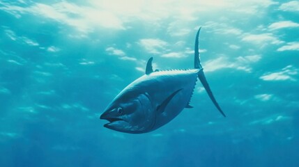 Naklejka premium Bluefin Tuna Swimming Gracefully in Clear Ocean Water Under Bright Sunlight