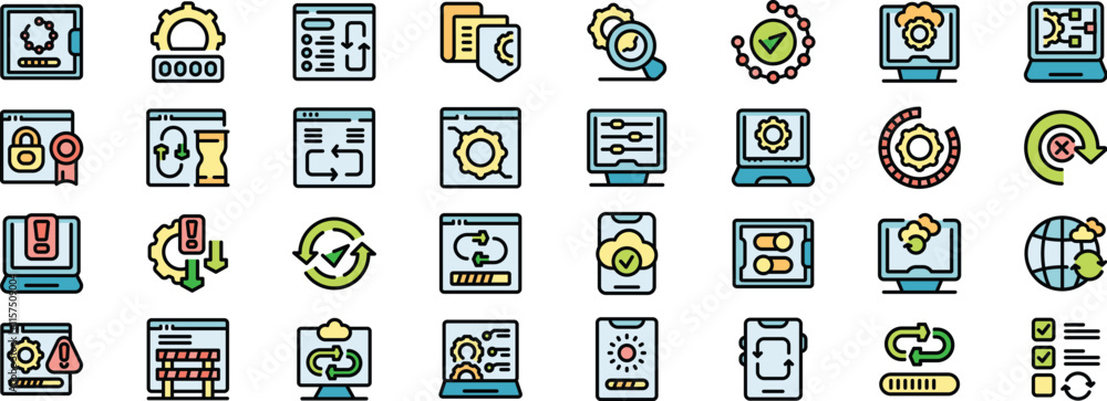 Poster system update icons set featuring software installation, updating process, system recovery, and more