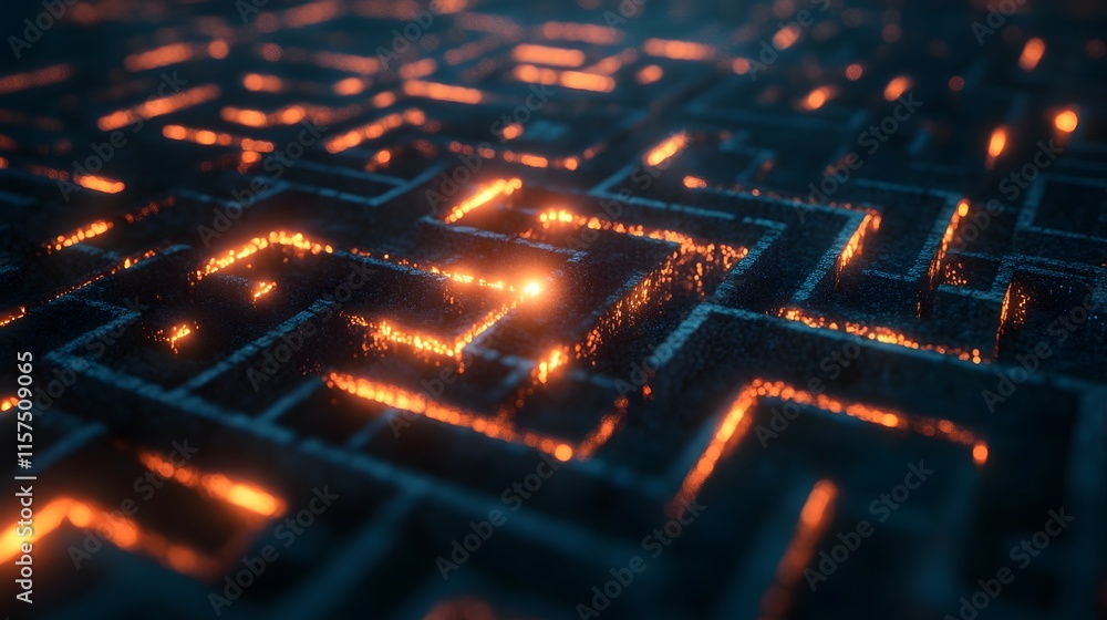 Poster illuminated maze pathway digital realm 3d render abstract design aerial view concept of complexity