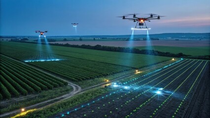 Agricultural drones illuminating crops at dusk, delivering precise treatments, symbolizing the future of farming with technology and innovation