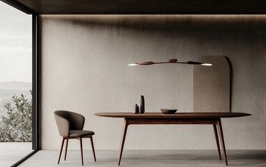 Modern dining room with wooden table, chairs, and pendant light.