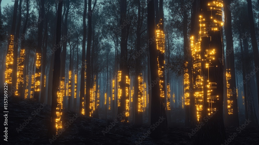 Aufkleber Digital forest where trees have glowing data circuits running through their bark