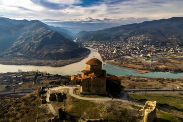 Jvari Temple overlooking the confluence of the Aragvi and Mtkvari rivers in Georgia