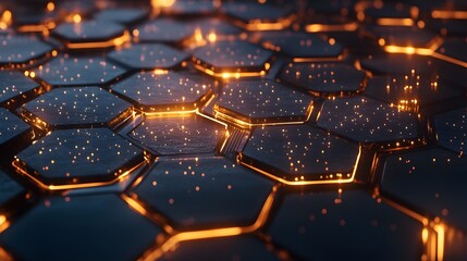 Fototapeta premium Illuminated hexagonal patterns digital art abstract design dark environment close-up view futuristic concept