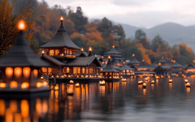 Obraz premium Illuminated Lakeside Asian Houses Autumn Night Scene