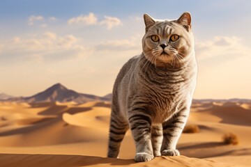 Obraz premium Portrait of a funny british shorthair cat over backdrop of desert dunes