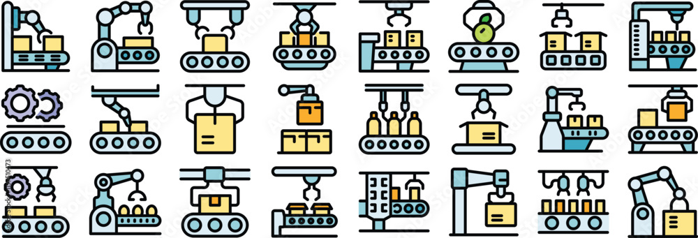 Poster conveyor belt systems utilizing robotic arms for packaging and product handling in a modern automate