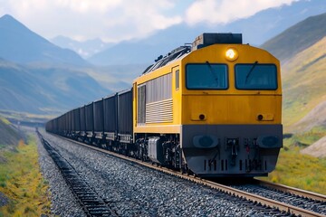 Obraz premium Powerful Locomotive Traversing Rugged Mountain Landscape