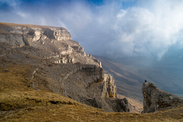 Mountains in the clouds. Low clouds in the North Caucasus mountains