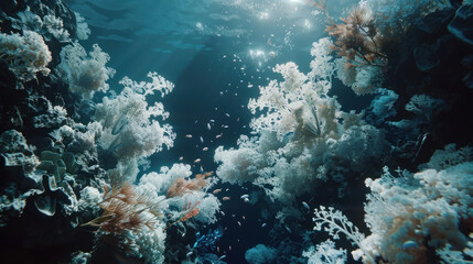 Obraz premium A surreal underwater scene of hybrid human-marine creatures swimming gracefully among corals