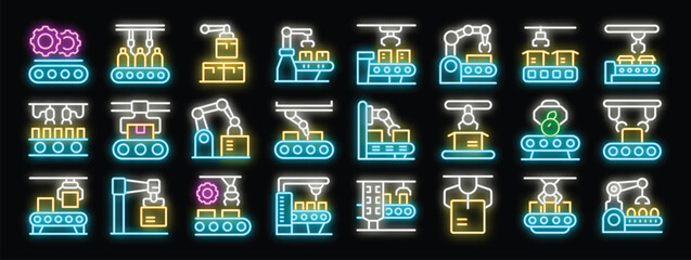 Neon icons representing automated conveyor belts, robotic arms handling packages, and various stages of production line processes