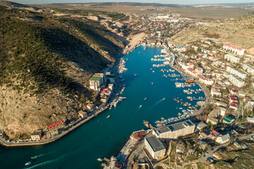 Beautiful aerial view of the bay in Balaklava, on the Black Sea coast of the Crimea peninsula