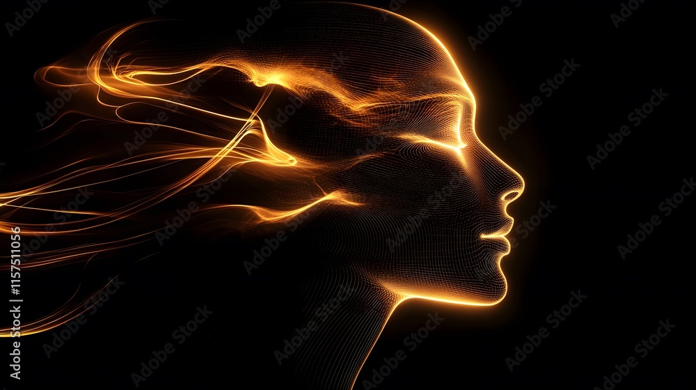 Poster dynamic flow of energy through a woman's silhouette abstract art digital design dark environment sid