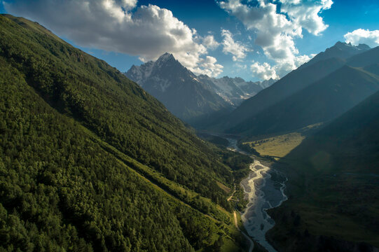 Beautiful aerial view of the mountain gorge. Landscape and nature of the North Caucasus