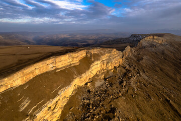 Beautiful aerial view of a mountain plateau with high cliffs. Landscape and nature of the North...